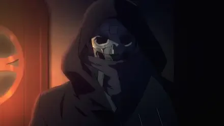 A mysterious figure cloaked in darkness, revealing a skeletal mask, from the anime *The Unwanted Undead Adventurer*. This HD wallpaper adds an intriguing touch to any desktop background.