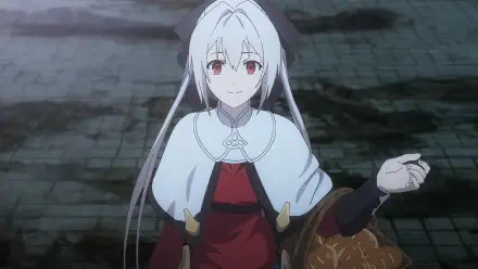 Anime-inspired HD desktop wallpaper featuring a character with white hair and red eyes, dressed in a distinctive outfit, confidently gesturing with one hand.