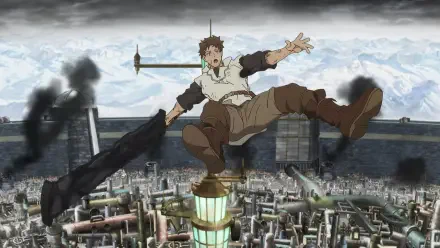 An anime character dramatically poses atop a glowing structure amidst a sprawling industrial landscape, conveying a sense of action and defiance. HD PC desktop wallpaper, titled I Parry Everything.