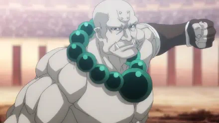 HD anime desktop wallpaper from The Ossan Newbie Adventurer featuring a muscular bald character wearing a large green bead necklace and a determined expression.