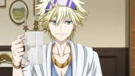 A character from the anime The Ossan Newbie Adventurer holds a large mug with a confident expression, set against a cozy indoor background, designed as a HD PC desktop wallpaper.