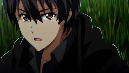 A character from the anime Failure Frame gazes intently, set against a backdrop of lush greenery, creating a striking HD PC desktop wallpaper.