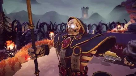 A vibrant HD desktop wallpaper featuring a skeletal character from the video game Toy Tactics, set against a dark fantasy landscape with eerie elements and a distant castle.