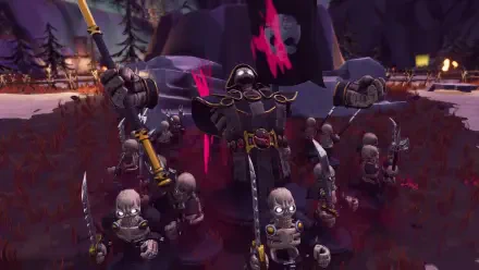 HD PC desktop wallpaper from the video game Toy Tactics, featuring a dark, eerie battlefield with armored skeleton warriors ready for combat.