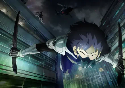HD PC desktop wallpaper featuring Soushirou Hoshina from the anime Kaiju No. 8, depicted mid-action in a dark urban night scene.