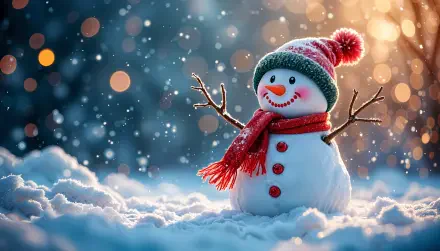 A cheerful snowman stands in a snowy landscape, adorned with a green hat and red scarf, surrounded by softly falling snowflakes and a warm, glowing background. 4K Ultra HD desktop wallpaper.