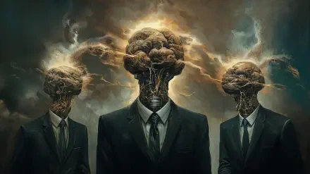 A surreal 4K Ultra HD image depicting three suited figures with explosive, brain-like heads, symbolizing corporatism amidst a dramatic, stormy backdrop.