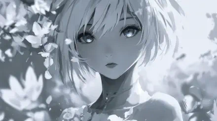 A stunning 4K Ultra HD anime wallpaper featuring a white-haired anime girl surrounded by delicate flowers, exuding an ethereal and captivating beauty.