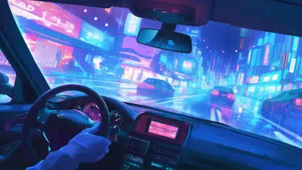 A vibrant anime scene depicting a driver's perspective from inside a car, navigating a rain-soaked city filled with colorful neon lights. 4K Ultra HD desktop wallpaper.