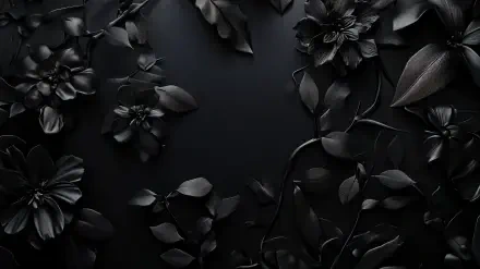 A striking black floral pattern, featuring diverse leaves and flowers against a dark background, designed as a detailed 4K Ultra HD PC desktop wallpaper.
