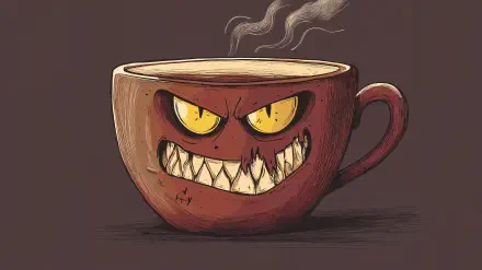 A 4K Ultra HD wallpaper featuring a mischievous coffee cup with sharp teeth and glowing yellow eyes, emitting steam, set against a dark background.