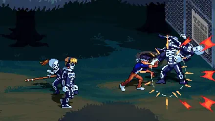 A dynamic scene from the video game The Karate Kid: Street Rumble, featuring characters in a vibrant, action-packed fight against skeleton opponents in a nighttime setting.