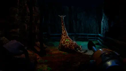 A dark, atmospheric HD wallpaper featuring a giraffe in a zoo environment, part of the video game Zoochosis, highlighting a unique blend of animal imagery and gaming aesthetic.