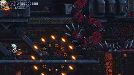 A high-energy scene from the video game Iron Meat, featuring a character battling menacing creatures amidst explosive action in a detailed, 4K Ultra HD backdrop.