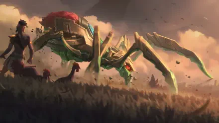 A 4K Ultra HD wallpaper featuring Elise from League of Legends, showcasing her menacing spider form against a dramatic landscape.