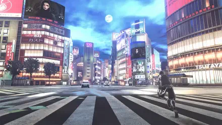 A vibrant HD desktop wallpaper featuring a bustling cityscape from the video game Reynatis, illuminated by neon lights under a dramatic sky.