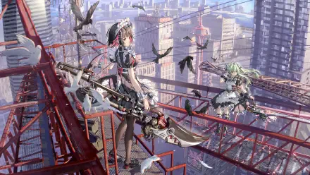 An engaging 4K Ultra HD wallpaper from the video game Zenless Zone Zero features characters Ellen Joe and Corin Wickes amidst a dynamic urban landscape filled with birds.