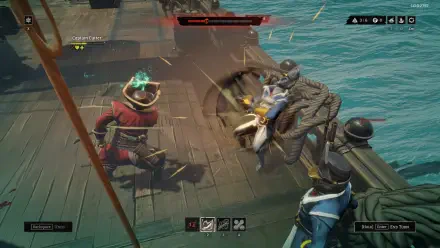 Action-packed scene from the video game Rogue Waters, featuring characters engaged in combat on a ship, with the ocean in the background and dynamic gameplay elements visible.