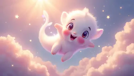 A cute white ghost with big eyes and rosy cheeks joyfully floats among fluffy clouds under a bright sky, creating a whimsical 4K Ultra HD PC desktop wallpaper.