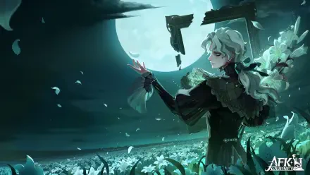 An enchanting HD wallpaper from *AFK Journey*, featuring a mysterious character standing amidst a mystical landscape under a full moon, surrounded by blooming flowers and subtle ethereal elements.
