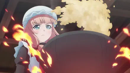 A character from The Strongest Magician in the Demon Lord's Army was a Human stirs a pot, surrounded by flames and a cloud of steam, capturing a moment of intense cooking. HD desktop wallpaper.