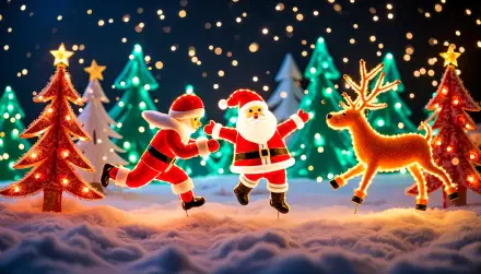 A festive Christmas scene featuring Santa, playful elves, and a reindeer amidst colorful, illuminated trees and a snowy landscape, presented as a vibrant 4K Ultra HD wallpaper.