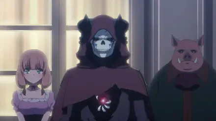 HD desktop wallpaper featuring characters from The Strongest Magician in the Demon Lord's Army was a Human, showcasing a mysterious figure in a cloak alongside two companions.