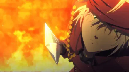 A striking anime image titled Bye Bye Earth, featuring a character with a determined expression against a backdrop of fiery chaos, designed as an HD PC desktop wallpaper.