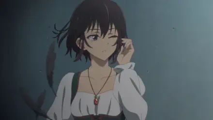 Anime-inspired HD wallpaper featuring a character from Bye Bye Earth, displaying a playful wink and a stylish outfit against a muted background.