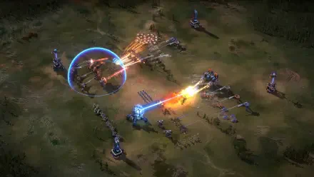 Vibrant HD wallpaper featuring an intense battle scene from the video game Mechabellum, showcasing mechs and strategic combat on a detailed landscape.