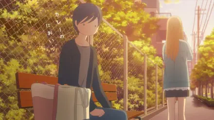 A serene scene from My Love Story With Yamada-kun at Lv999, depicting a character sitting on a bench, gazing thoughtfully as another walks away, surrounded by vibrant greenery.