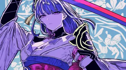 HD wallpaper featuring Baal Raiden Shogun from Genshin Impact, showcasing her striking design with a sword against a vibrant floral background.