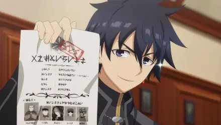 Anime-inspired HD wallpaper titled Let This Grieving Soul Retire! featuring a character holding a document with various images, expressing a confident demeanor.