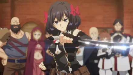 A dynamic anime scene from Let This Grieving Soul Retire! showcases a determined character wielding a sword, surrounded by various supporting figures. HD desktop wallpaper background.