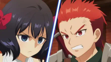 Anime-style HD PC desktop wallpaper from Let This Grieving Soul Retire! featuring two intense characters facing off in a dramatic split-screen composition.