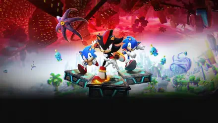 Dynamic 4K Ultra HD wallpaper featuring Sonic and Shadow from Sonic X Generations, set against a vivid, colorful background with playful aquatic creatures.