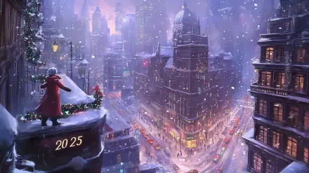 A snowy cityscape for Christmas in 2025, featuring a person in a red coat overlooking bustling streets adorned with festive lights and decorations, creating a magical winter scene.
