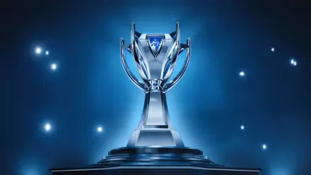 A sleek, silver trophy stands prominently against a blue background, symbolizing victory in League of Legends esports. This HD wallpaper showcases the prestigious competitive spirit of gaming.