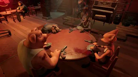 A vibrant HD PC wallpaper depicting animated characters in a dimly lit bar, engaged in a tense card game at a table, embodying the themes of the video game Liars Bar.
