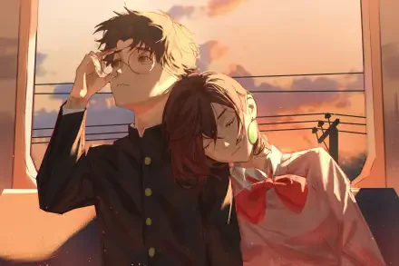 Anime HD desktop wallpaper featuring Momo Ayase resting her head on Ken Takakura from Dandadan, bathed in warm sunset light.