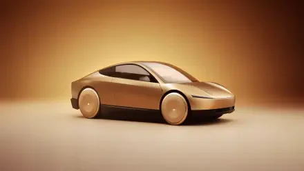 A sleek, futuristic Cybercab vehicle with a golden finish sits against a warm gradient background, featured as a 4K Ultra HD desktop wallpaper.