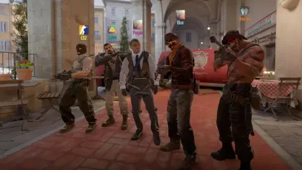 A vibrant 4K Ultra HD wallpaper showcasing characters from Counter-Strike 2, set in a lively urban environment, capturing action and camaraderie in the gaming world.