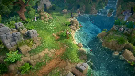 A vibrant HD wallpaper from the video game Luma Island, showcasing a lush landscape with greenery, rocks, and a serene waterway, inviting exploration and adventure.