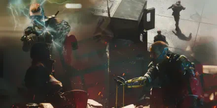 Dynamic HD wallpaper from the video game Off The Grid, featuring intense action scenes with characters, futuristic elements, and a gritty urban backdrop.