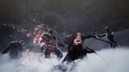 A dynamic scene from the video game The First Berserker: Khazan, showcasing an intense battle with a protagonist fighting against formidable foes amidst dramatic splashes of action in a snowy landscape.