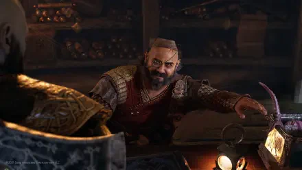 A detailed scene from God of War: Ragnarök, showcasing a character engaged in conversation, set against a richly decorated backdrop, captured in stunning 4K Ultra HD for a desktop wallpaper.