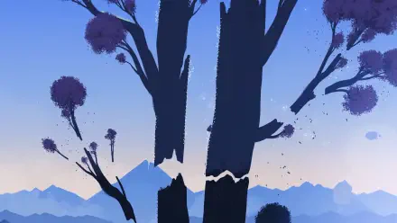 A vibrant HD wallpaper featuring striking silhouettes of trees against a gradient sky, inspired by the video game Neva, emphasizing a mystical landscape.