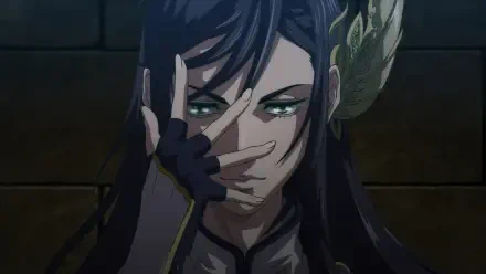 Anime-inspired scene from Record of Ragnarok, showcasing a character with long hair and striking green eyes, framed dramatically against a dark backdrop. HD desktop wallpaper and background.