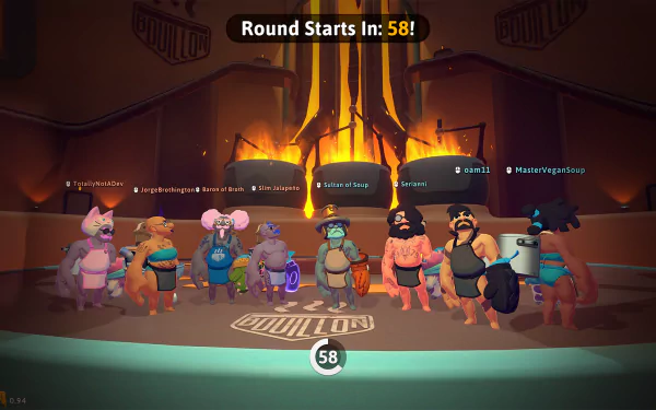 HD desktop wallpaper of RAWMEN: Food Fighter Arena, featuring a group of quirky characters ready for battle with a fiery background and a countdown timer indicating the round starts in 58 seconds.