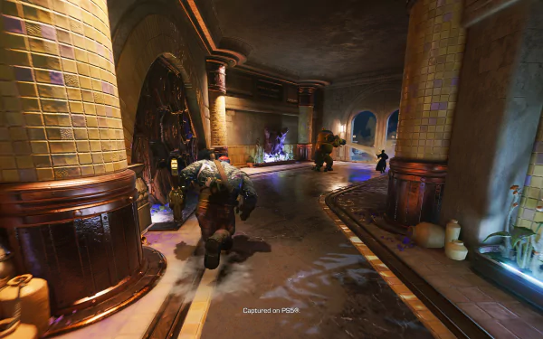 A vibrant HD desktop wallpaper from the video game Concord, featuring a character running through a stylized corridor adorned with colorful lights and intriguing architecture.